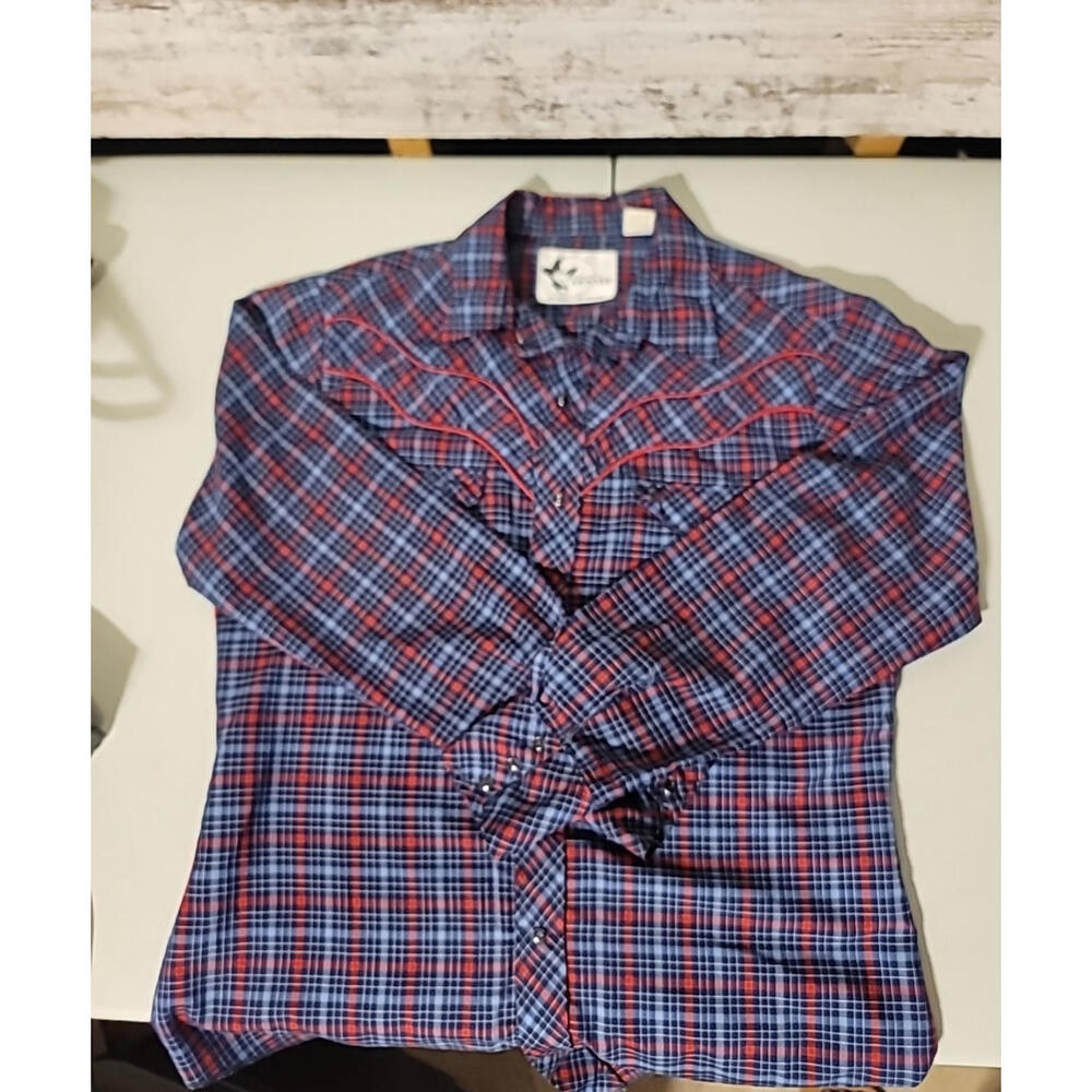Denver Manufacturing Pearl Snap Shirt Men's L Blue Red Plaid Vtg Western Cowboy